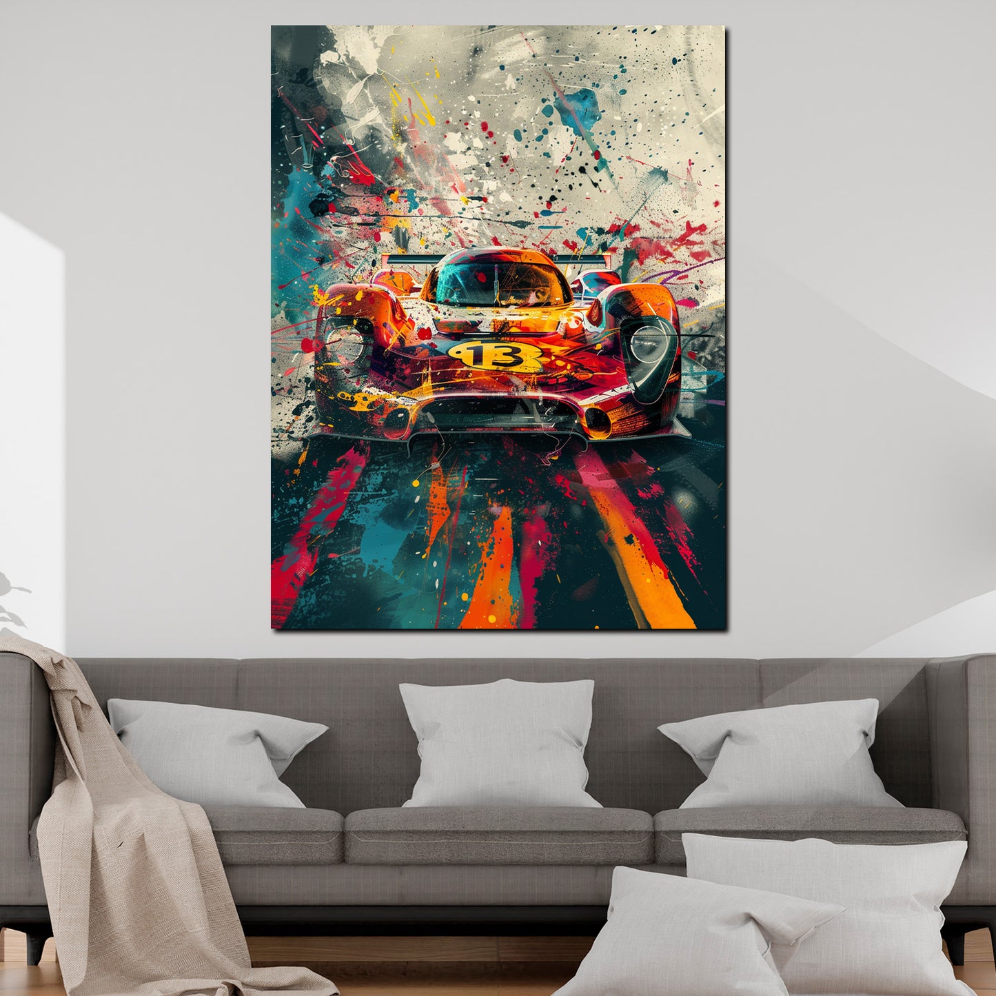 Quadro auto da corsa pop art con effetti di colore astratti