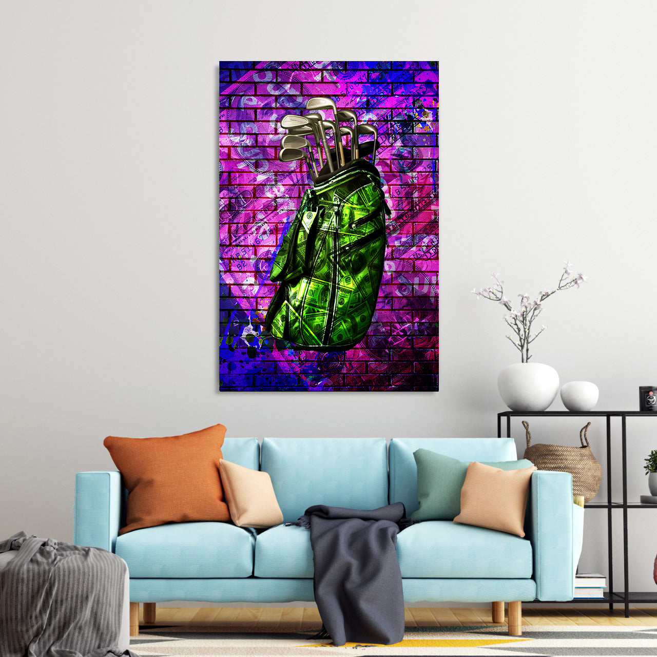 Quadro borsa da golf con tema denaro su sfondo graffiti