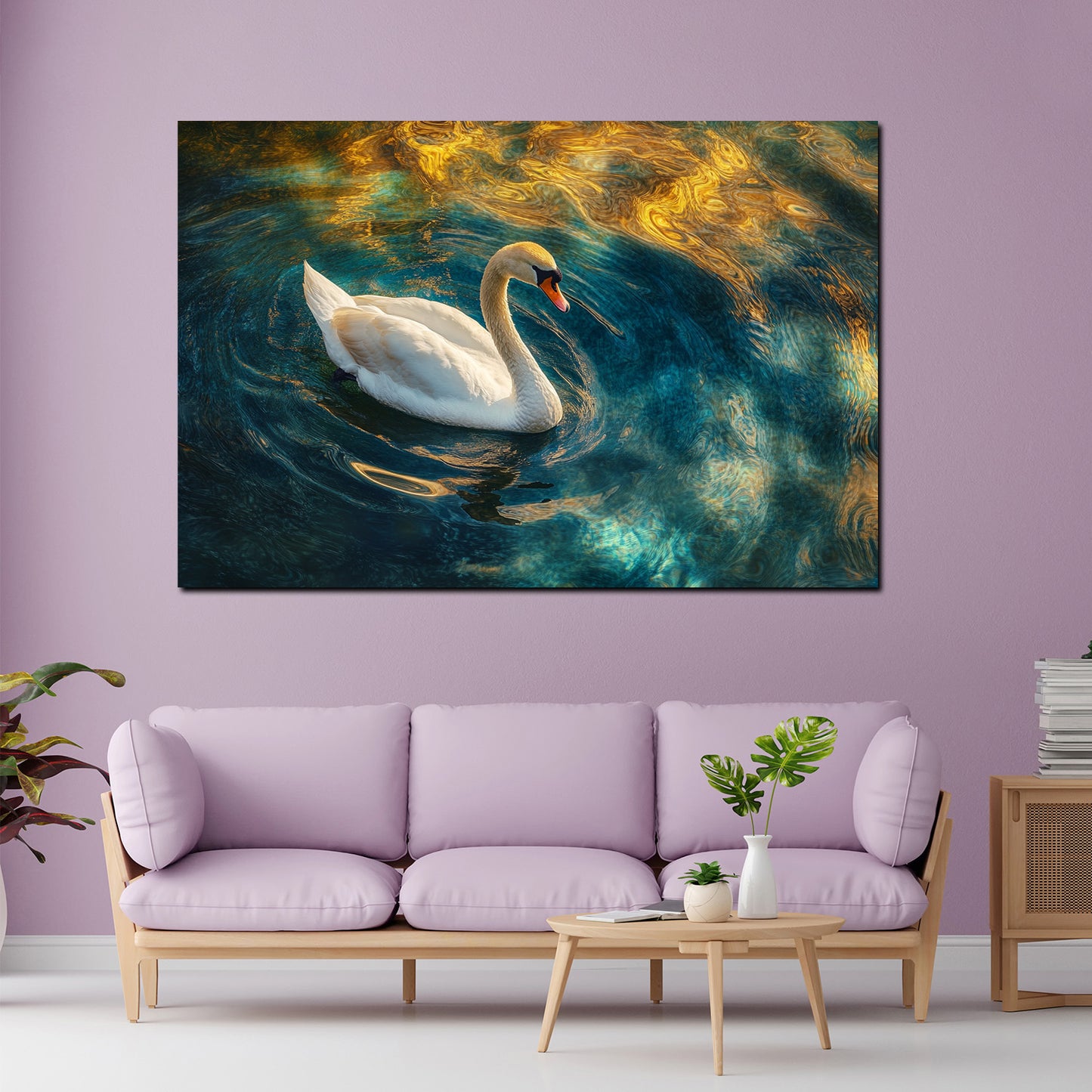 Quadro cigno elegante in acqua blu oro riflessi luce moderno