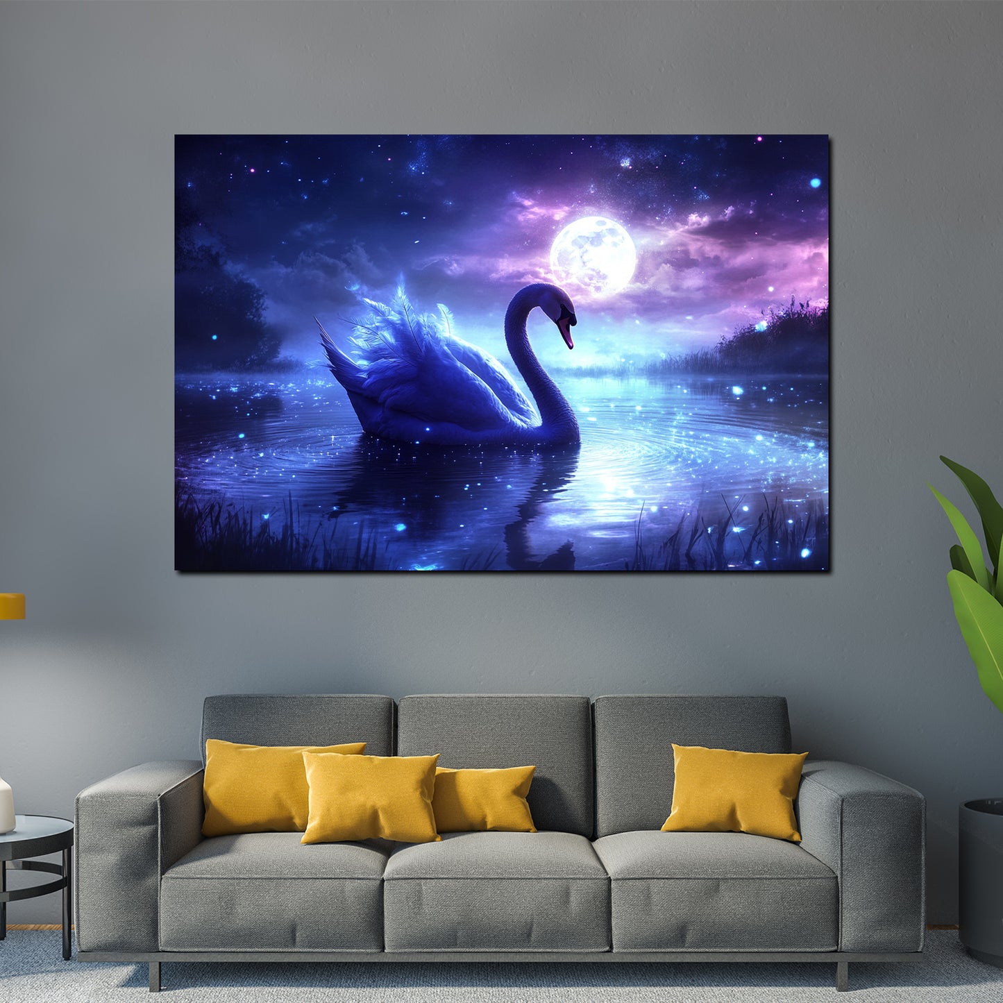 Quadro cigno magico sotto la luna piena incanto notte natura moderno