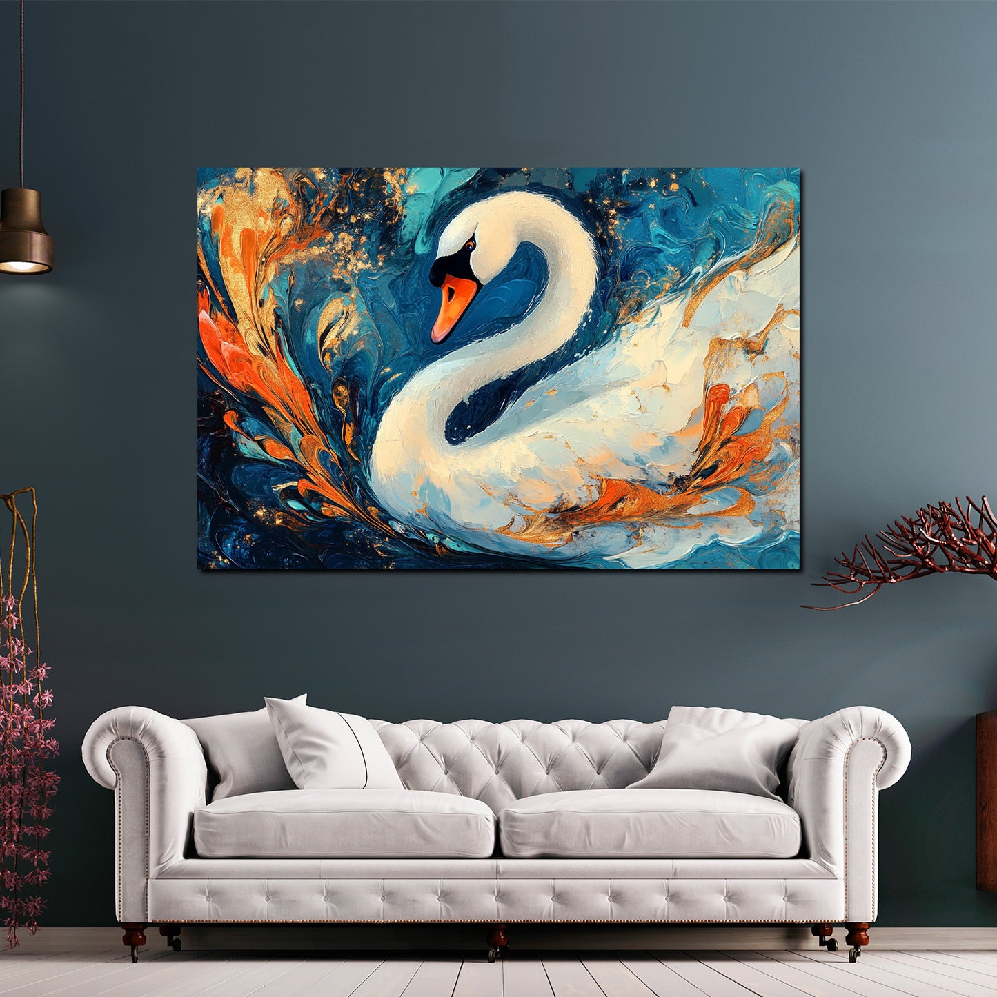 Quadro cigno pittorico con esplosione di colori eleganza dinamica astratto