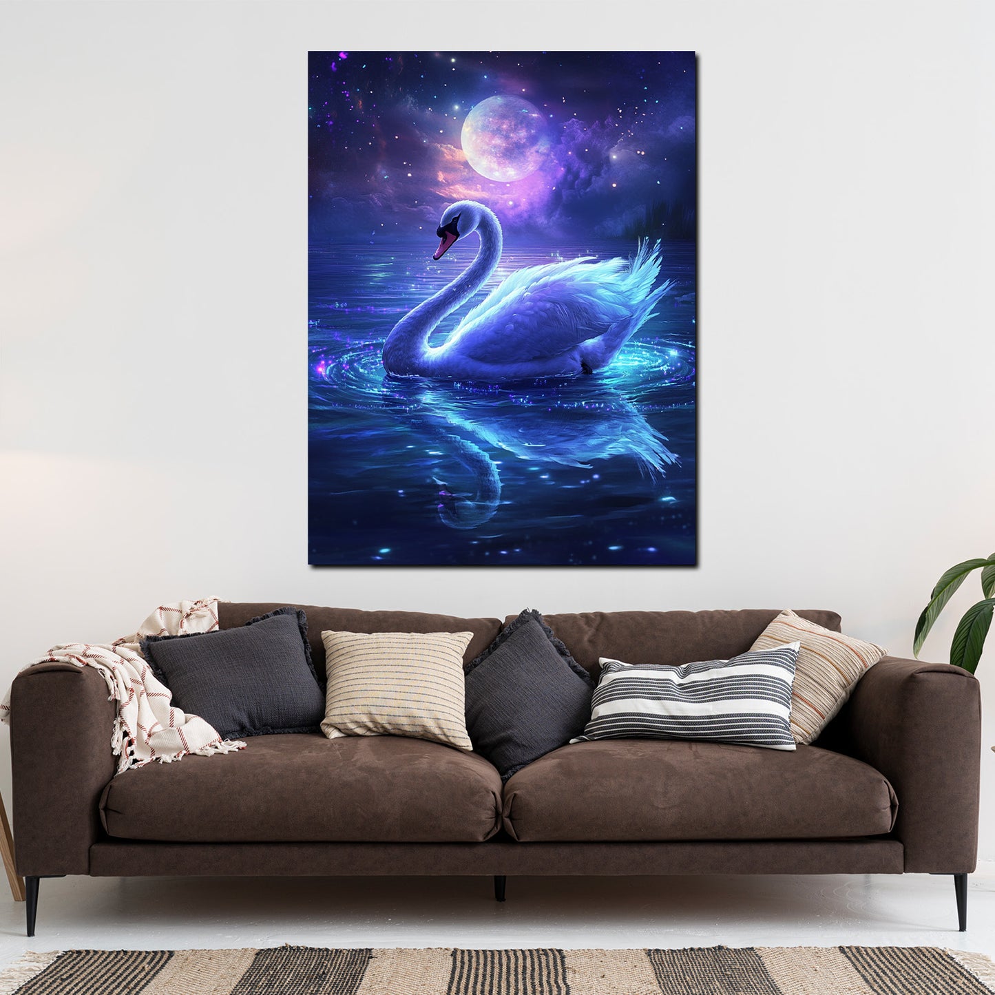 Quadro cigno sognante sotto la luna magia acqua stelle moderno