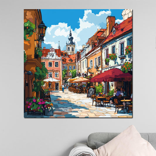 Quadro città centro storico vicolo caffè estate colorato moderno