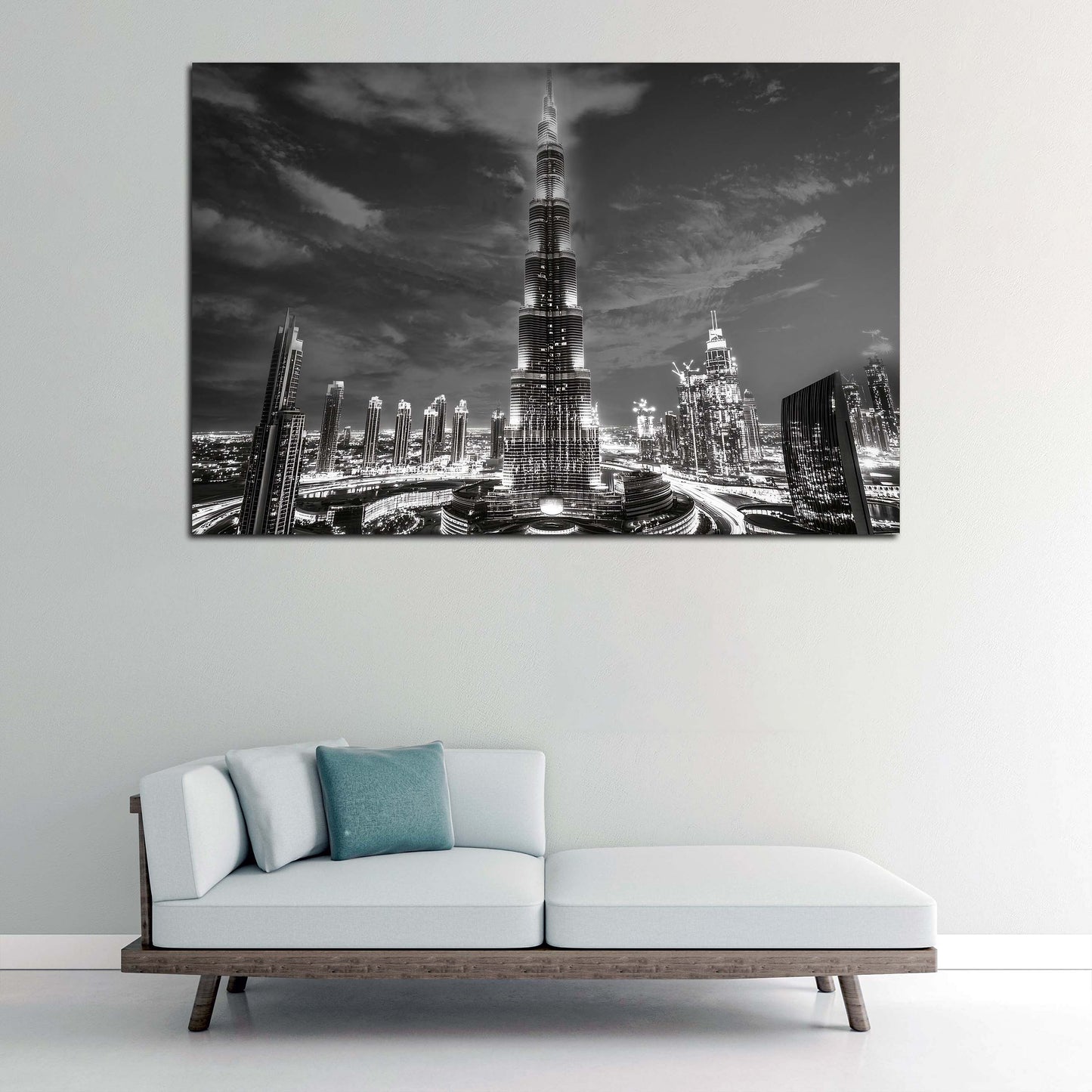 Quadro città dubai burj khalifa skyline bianco e nero architettura notturna