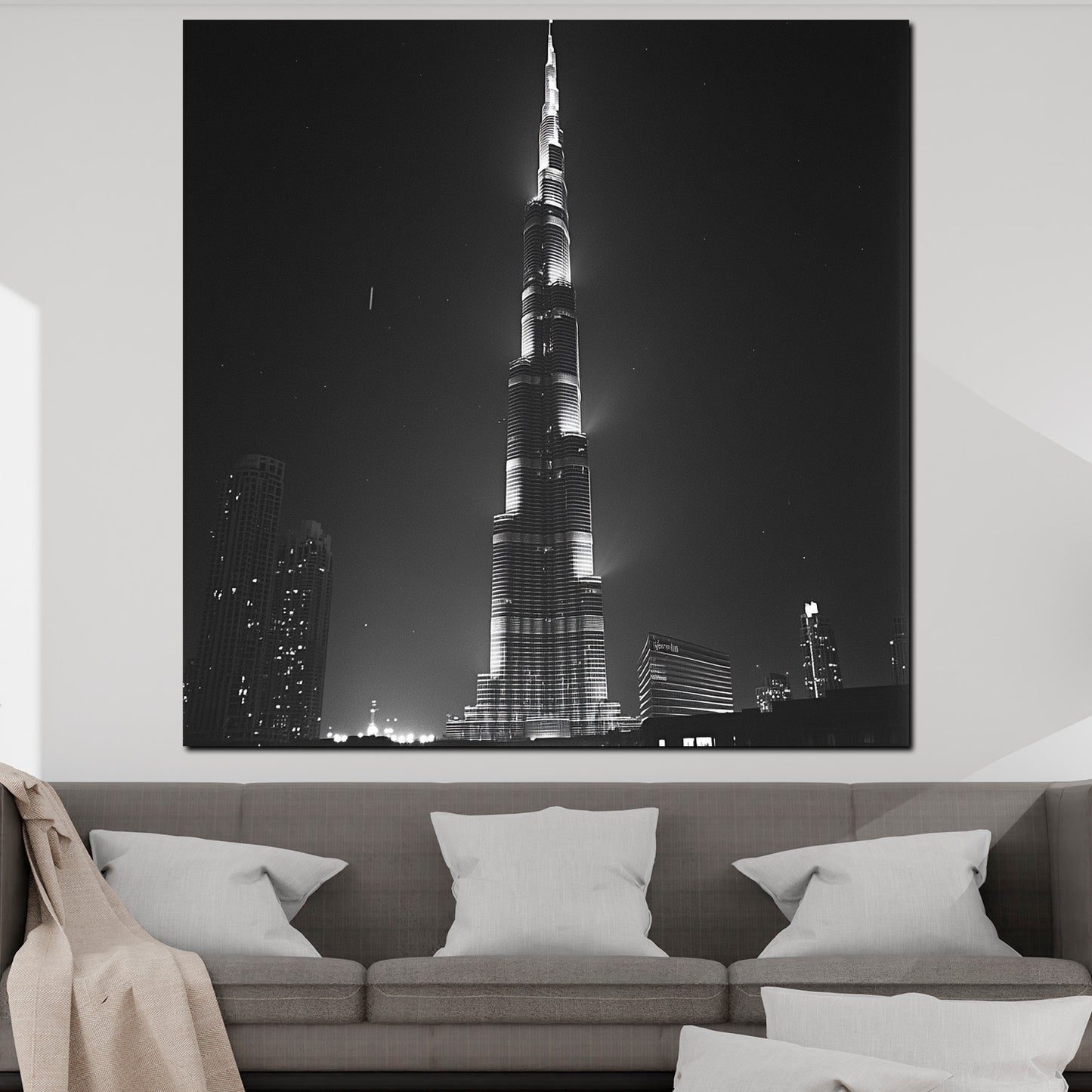 Quadro città dubai burj khalifa skyline notturna bianco e nero