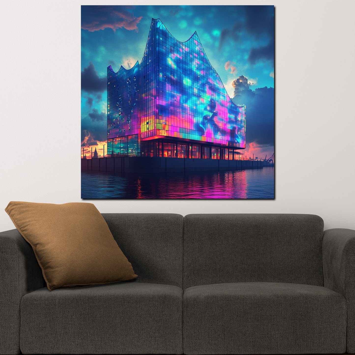 Quadro città pop art amburgo elbphilharmonie architettura colorata riflessi luce