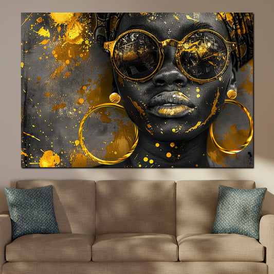 Quadro donna africana moderna con occhiali dorati e dettagli oro