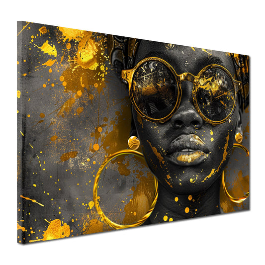 Quadro donna africana moderna con occhiali dorati e dettagli oro