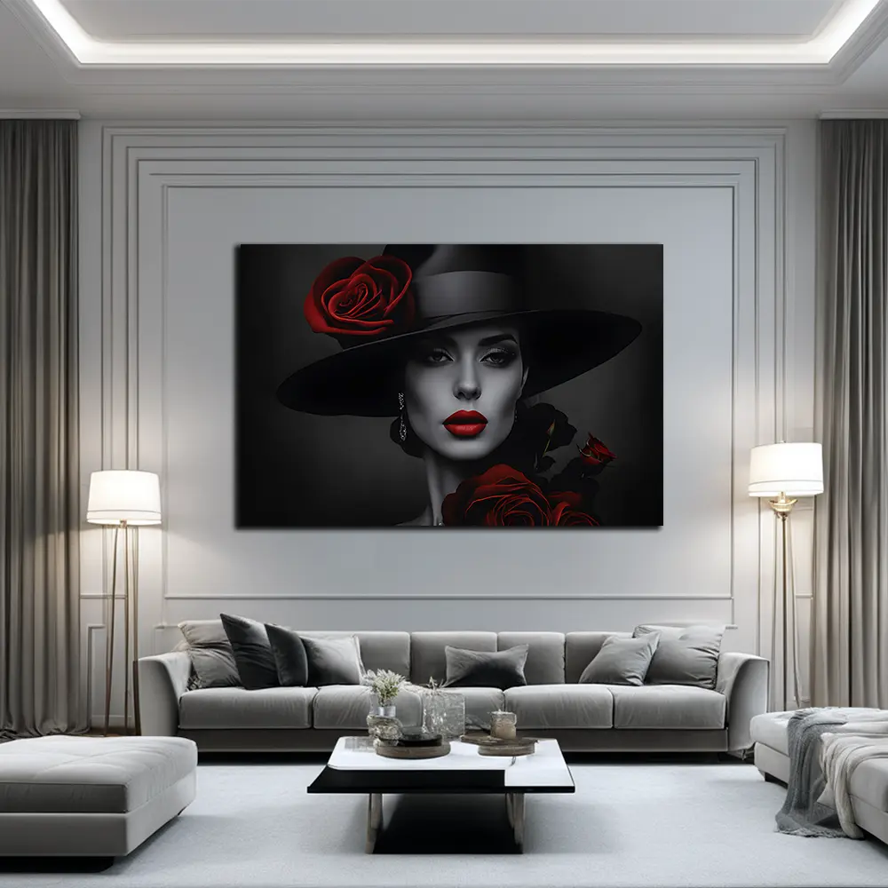 Quadro moderno donna con cappello e fiori rossi