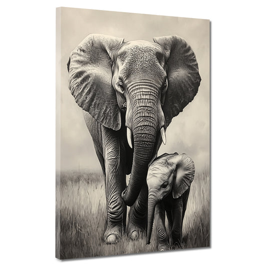 Quadro elefanti bianco nero affetto famiglia natura eleganza
