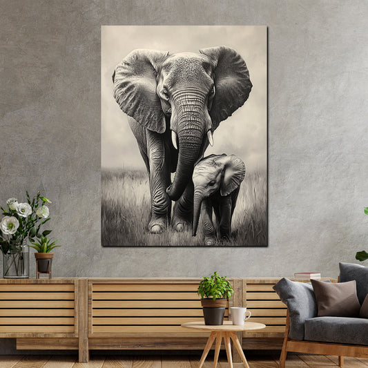 Quadro elefanti bianco nero affetto famiglia natura eleganza