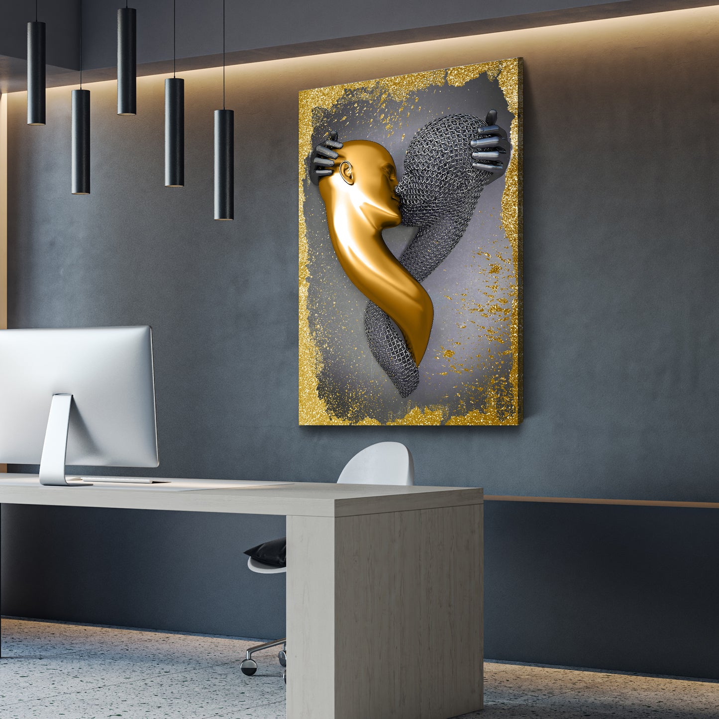 Quadro figura astratta stile metallo kiss arte murale metallica body gold style