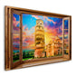 Quadro finestra su Pisa Italia con la torre pendente e tramonto colorato