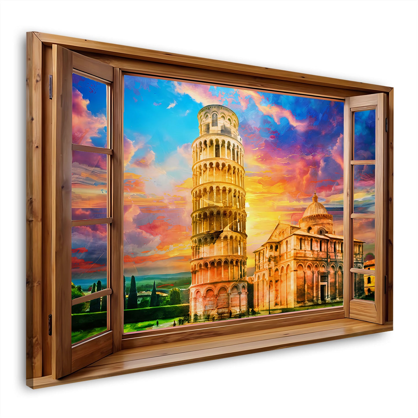 Quadro finestra su Pisa Italia con la torre pendente e tramonto colorato