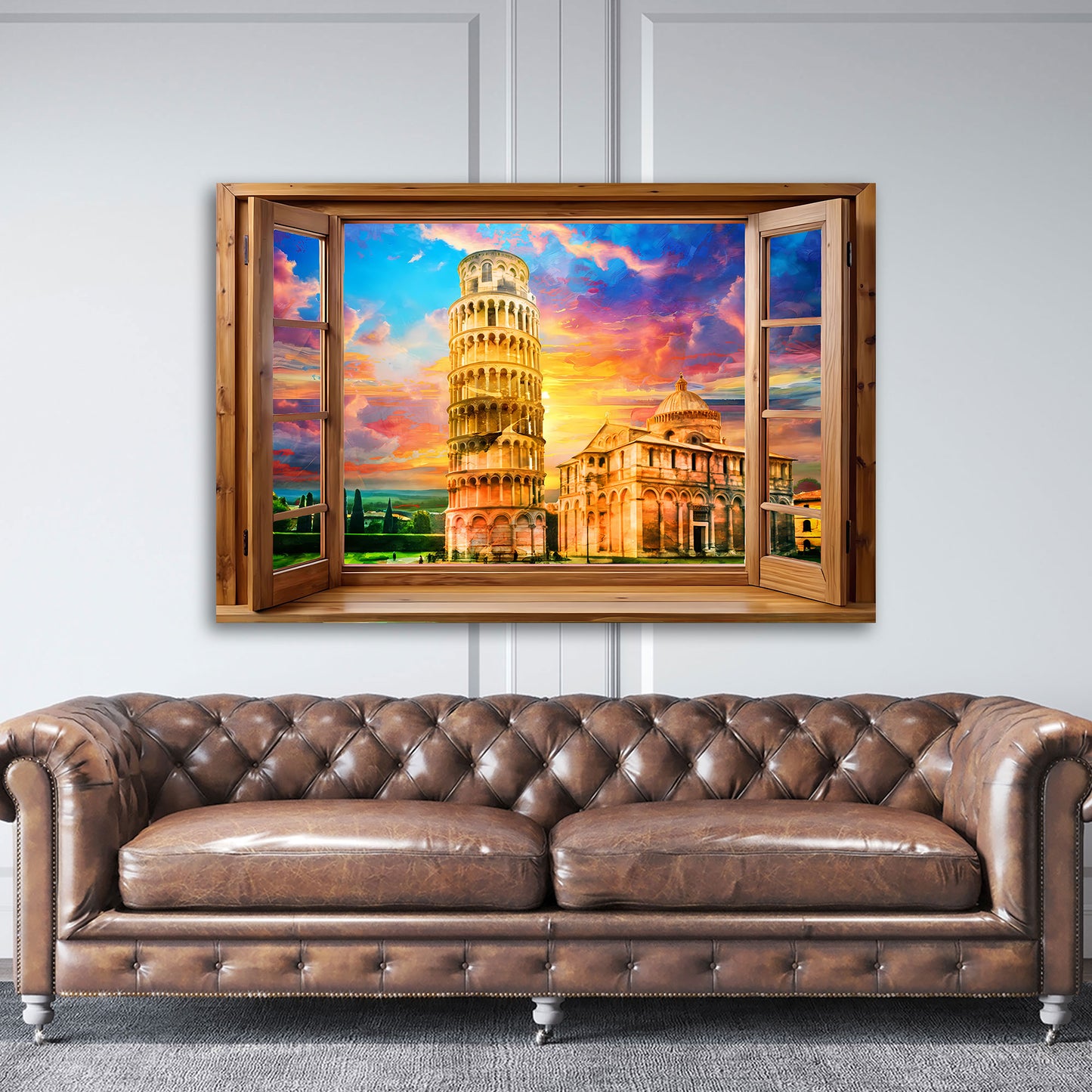 Quadro finestra su Pisa Italia con la torre pendente e tramonto colorato