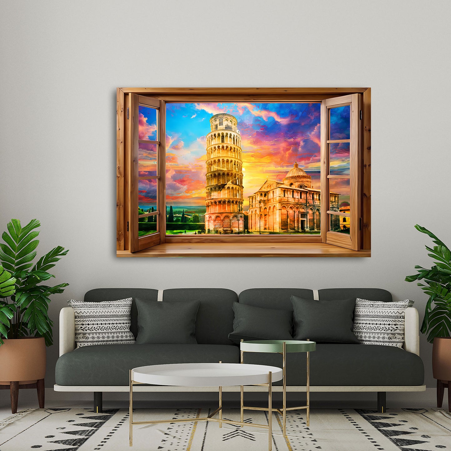 Quadro finestra su Pisa Italia con la torre pendente e tramonto colorato