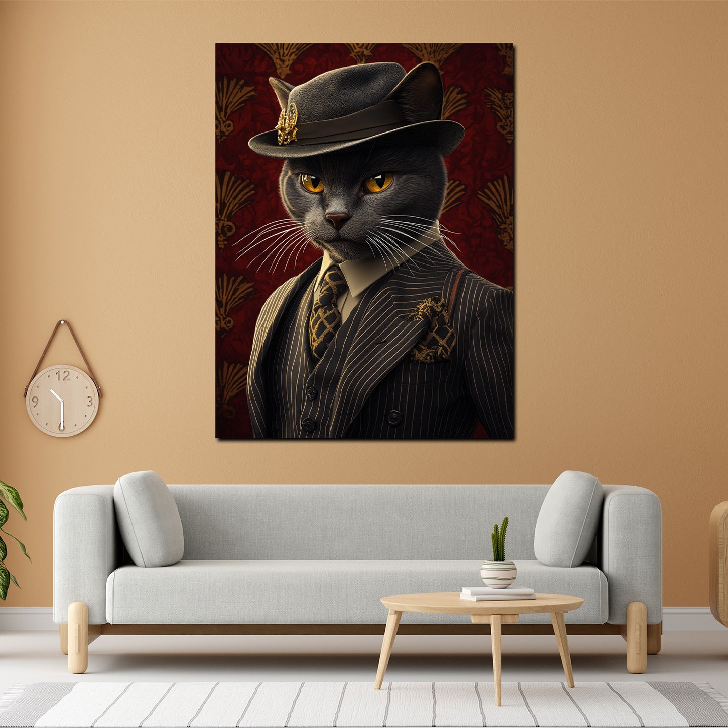 Quadro gatto nero elegante con cappello abito stile vintage