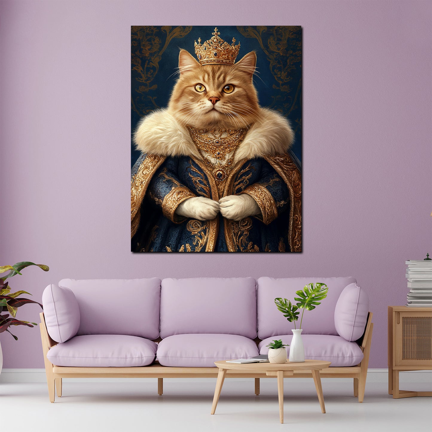 Quadro gatto reale con corona abito sontuoso nobiltà lusso maestà moderno