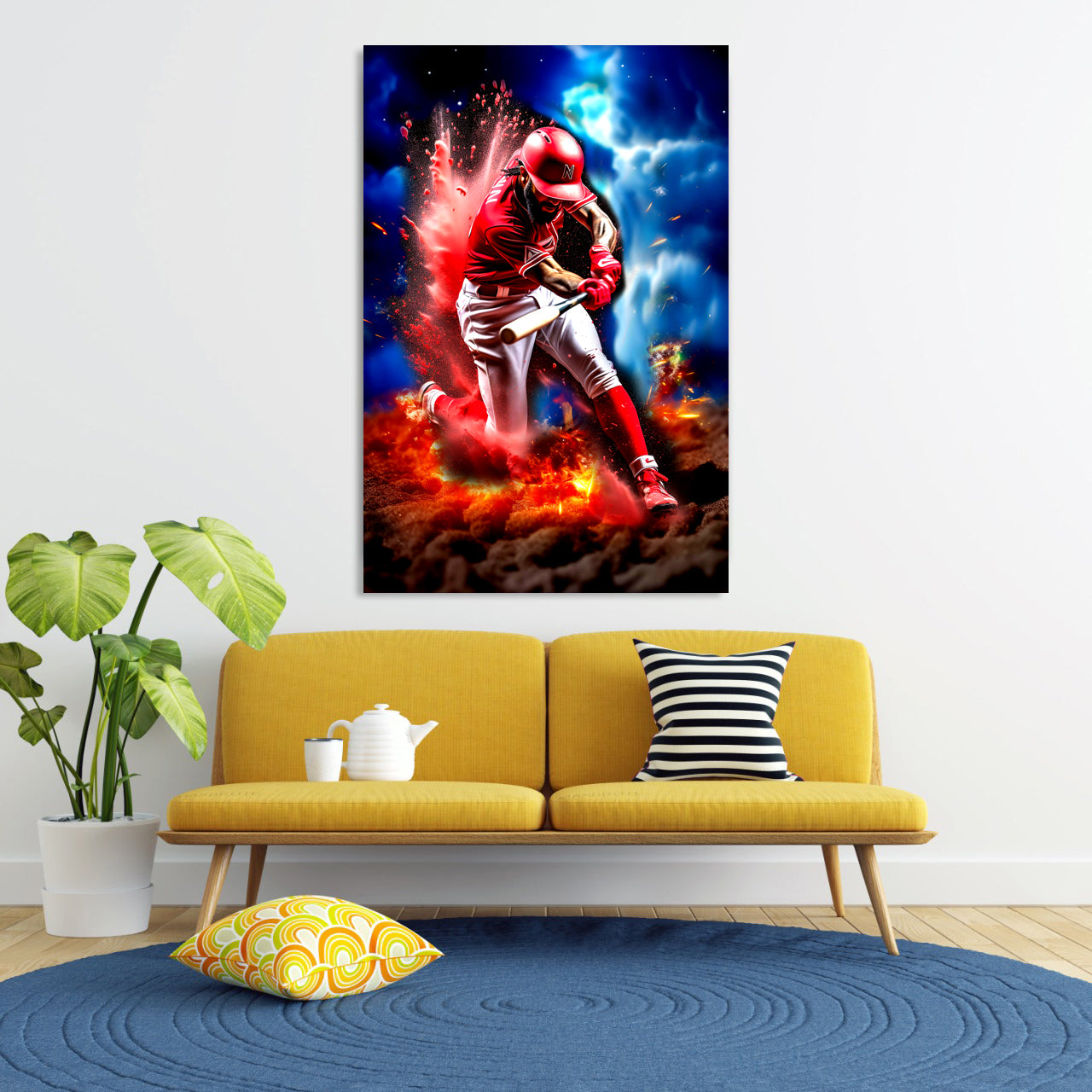 Quadro giocatore di baseball in azione con colori vivaci