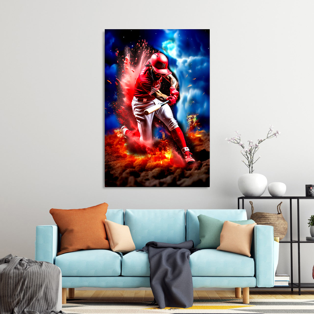 Quadro giocatore di baseball in azione con colori vivaci