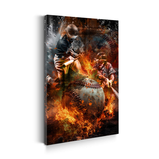 Quadro giocatori di baseball con fuoco ed energia
