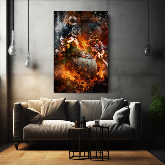Quadro giocatori di baseball con fuoco ed energia