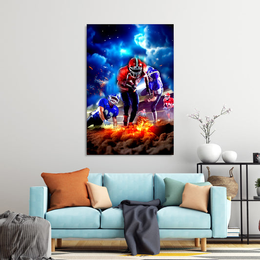 Quadro giocatori di football americano in azione con effetti di fuoco