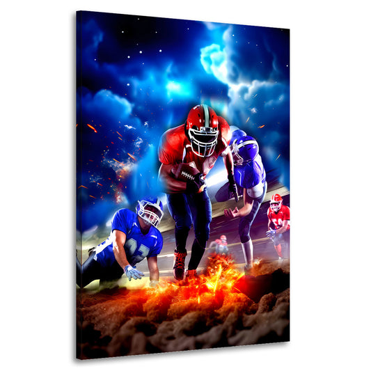 Quadro giocatori di football americano in azione con effetti di fuoco