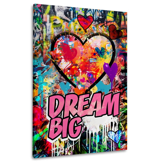 Quadro graffiti pop art cuore con scritta Dream Big e colori vivaci