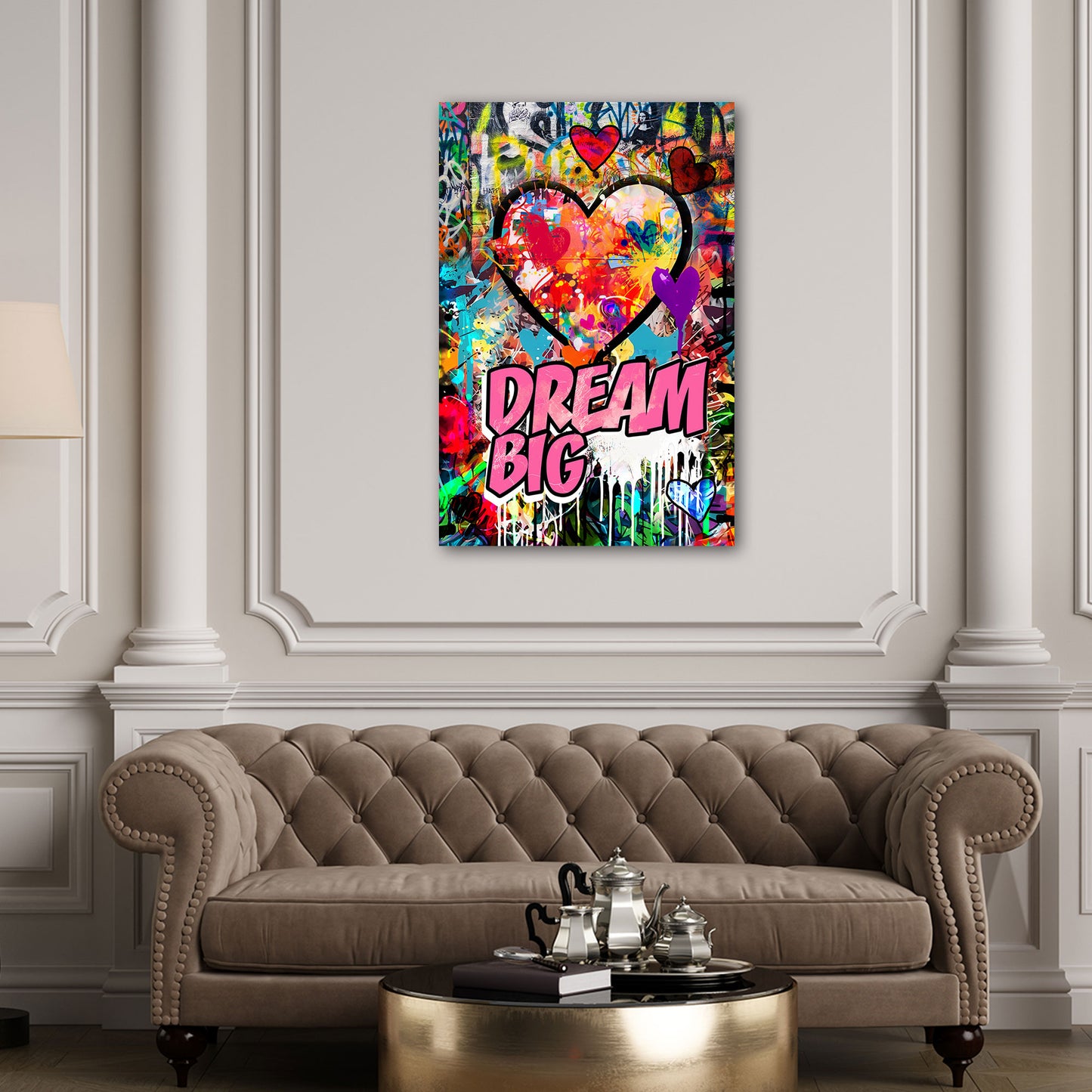 Quadro graffiti pop art cuore con scritta Dream Big e colori vivaci