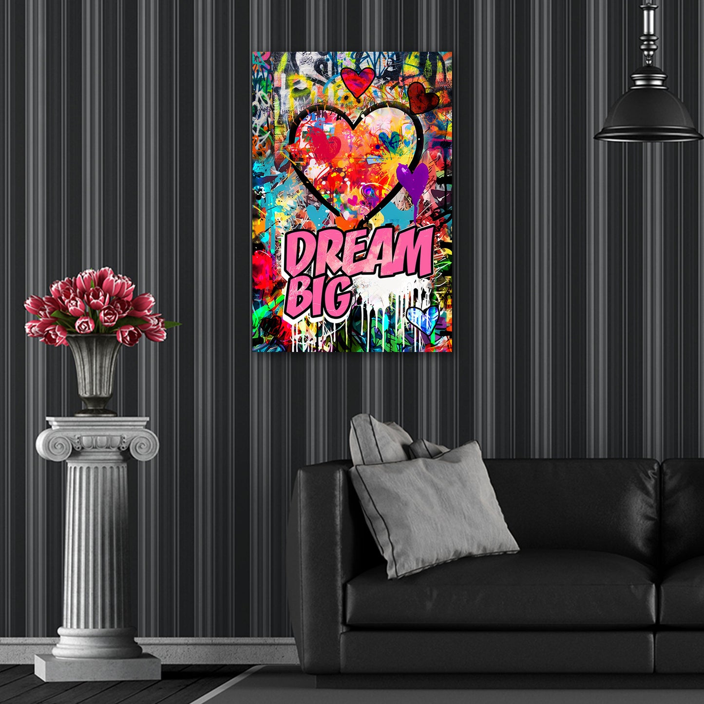 Quadro graffiti pop art cuore con scritta Dream Big e colori vivaci