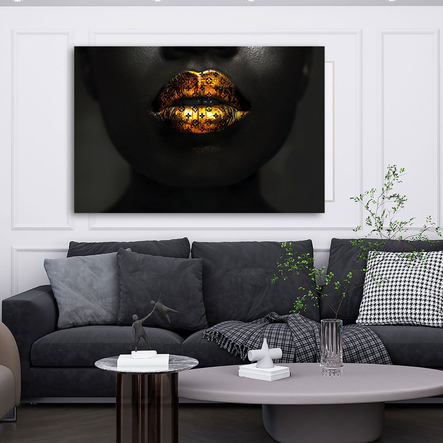 Quadro labbra dorate glamour stile elegante e lussuoso
