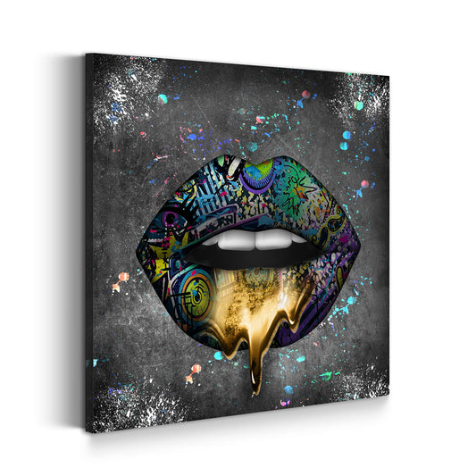 Quadro labbra graffiti con colata d’oro