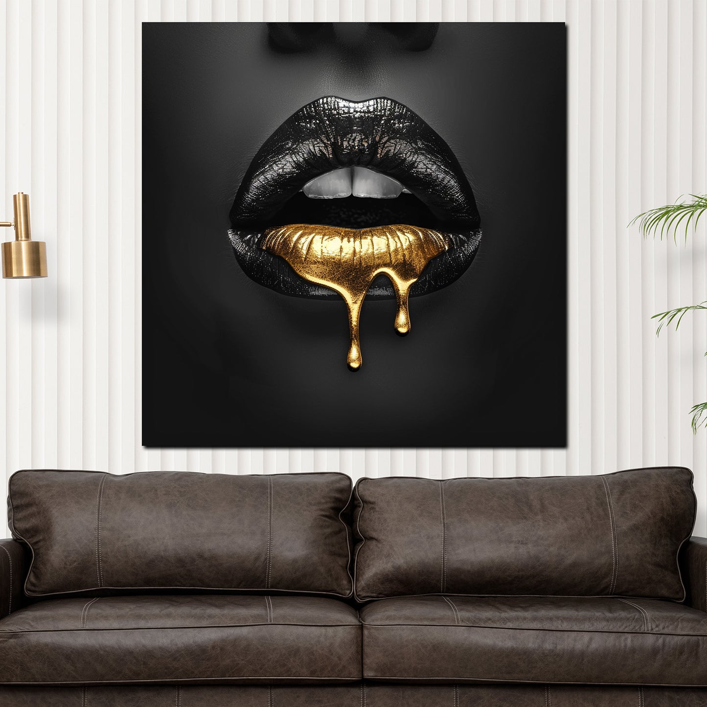 Quadro labbra nere con gocce d'oro