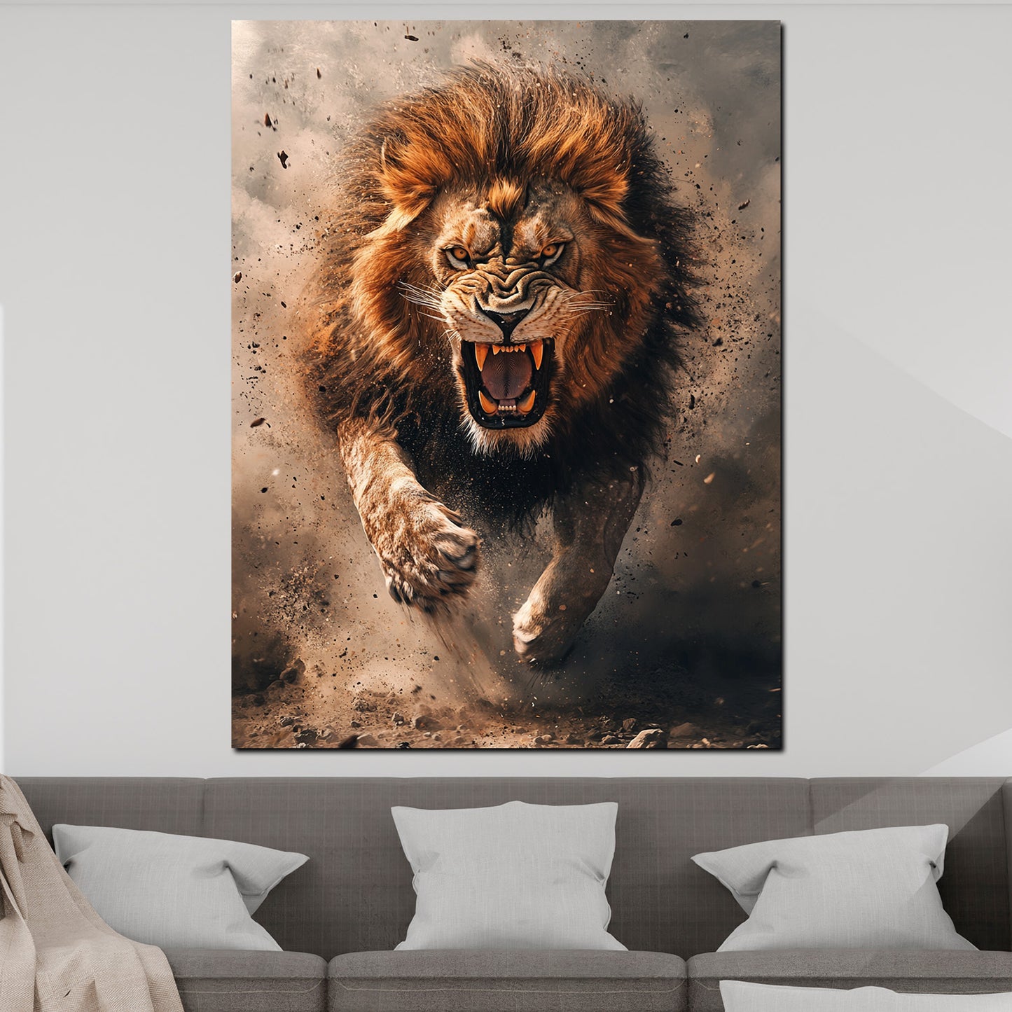 Quadro leone feroce in attacco moderno