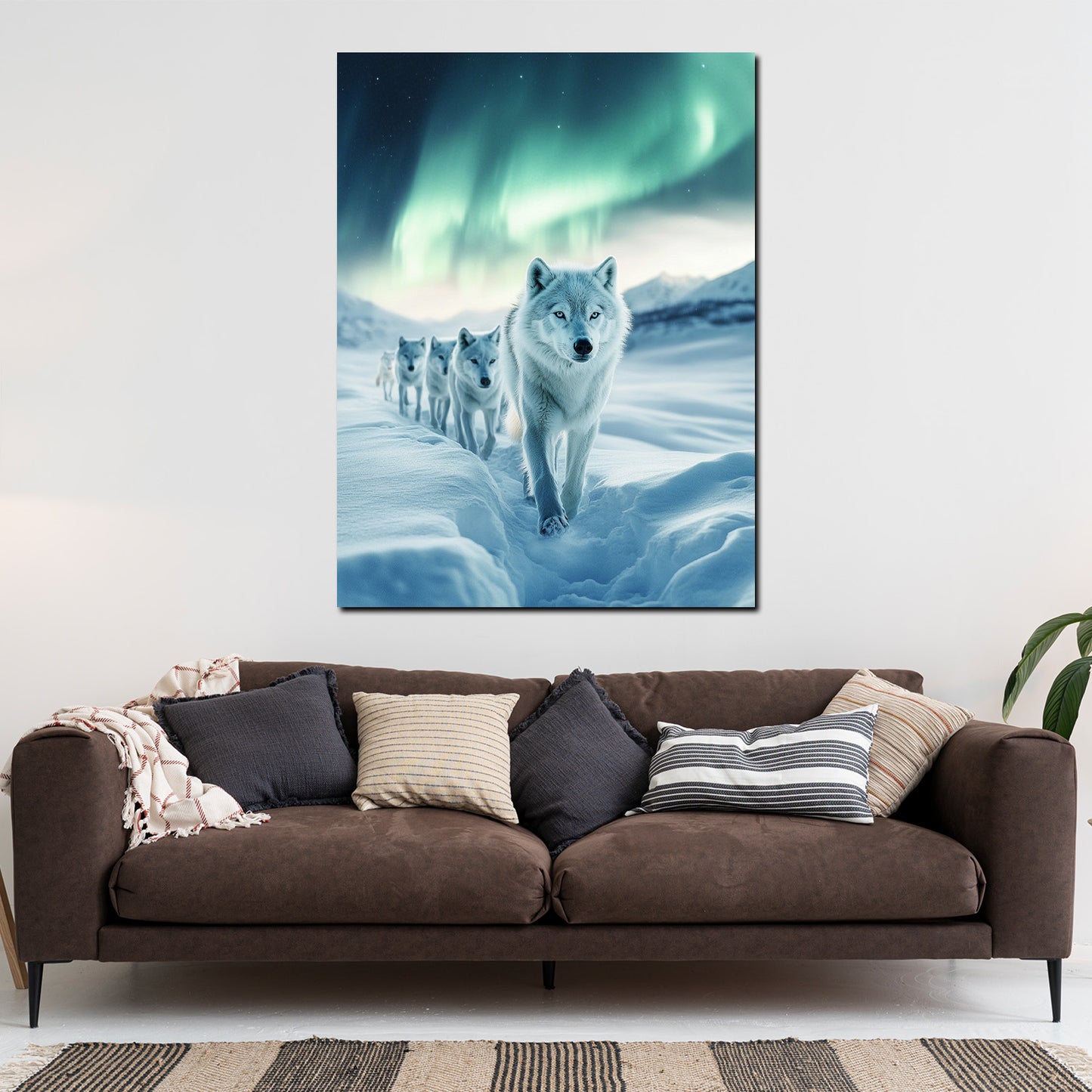 Quadro lupi bianchi nella neve aurora boreale natura libertà moderno