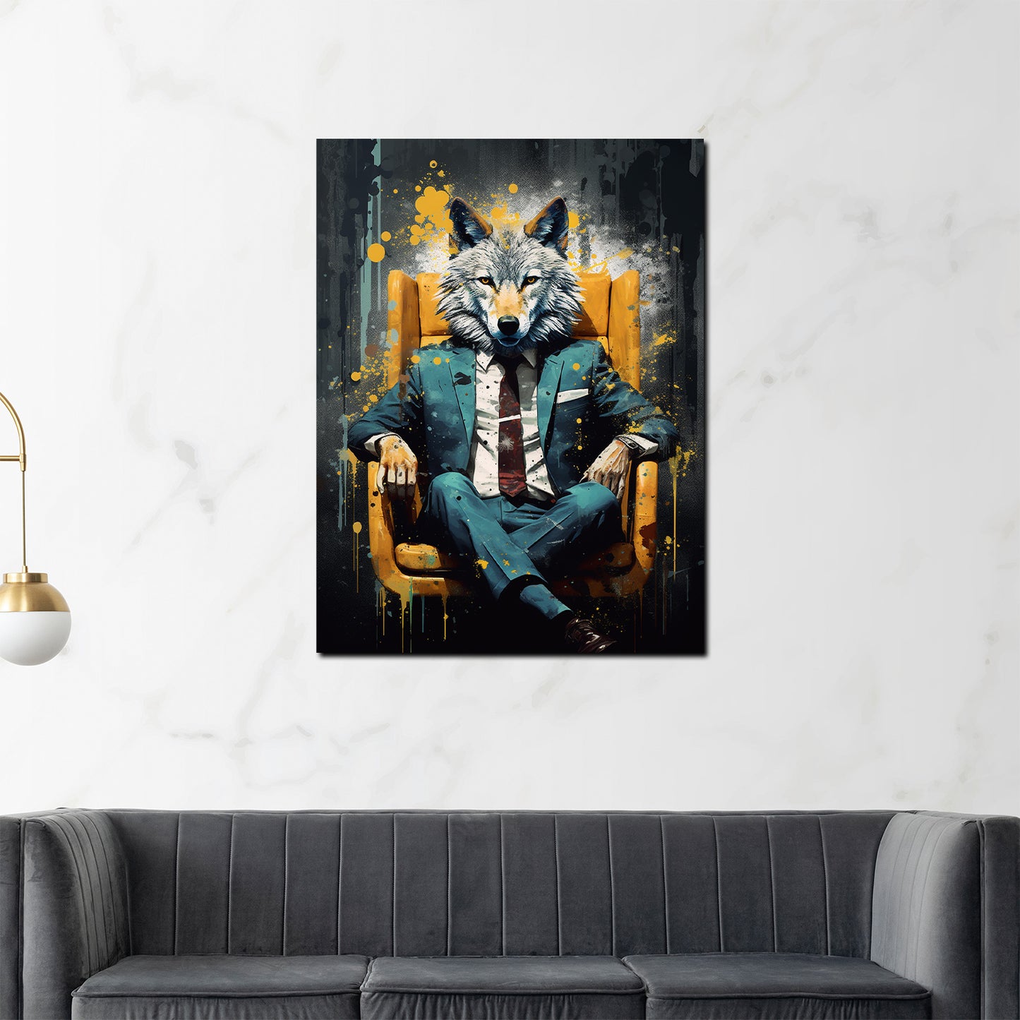 Quadro lupo astratto in abito in poltrona black style