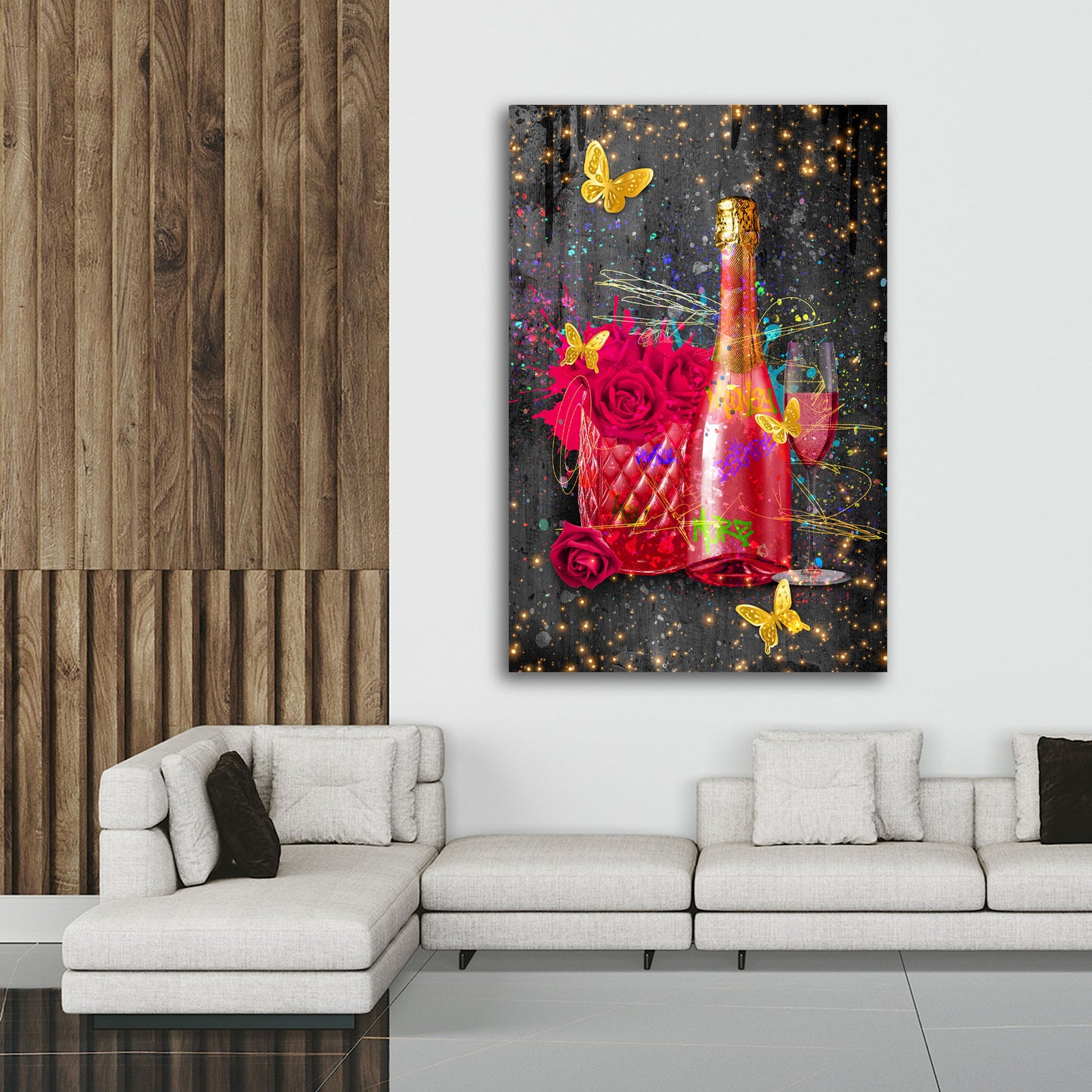 Quadro moderno Bottiglia pop art con fiori e farfalle
