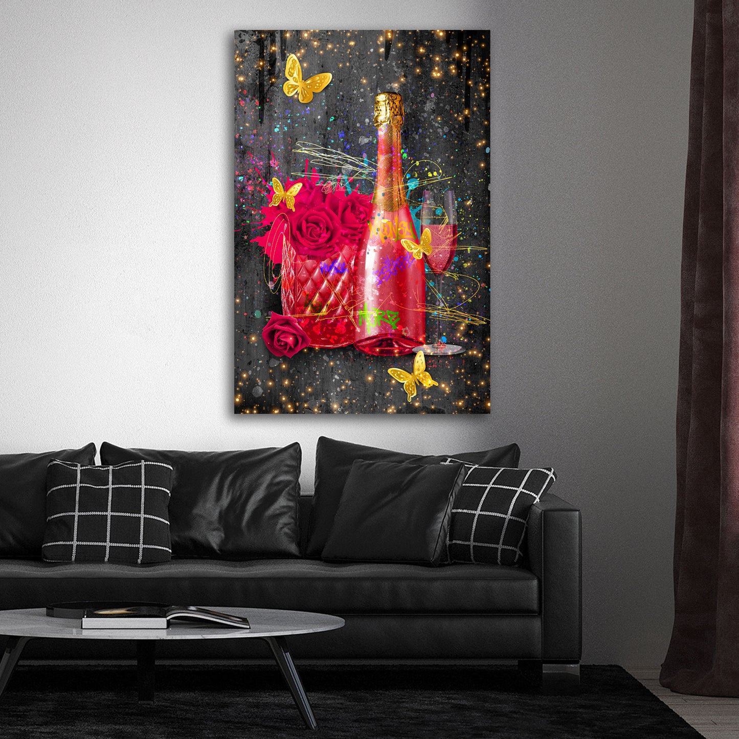 Quadro moderno Bottiglia pop art con fiori e farfalle