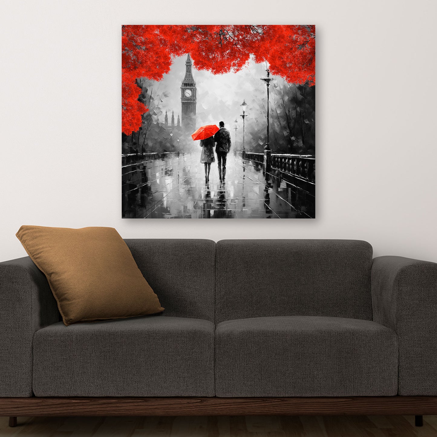 Quadro moderno Coppia con ombrello rosso e alberi rossi