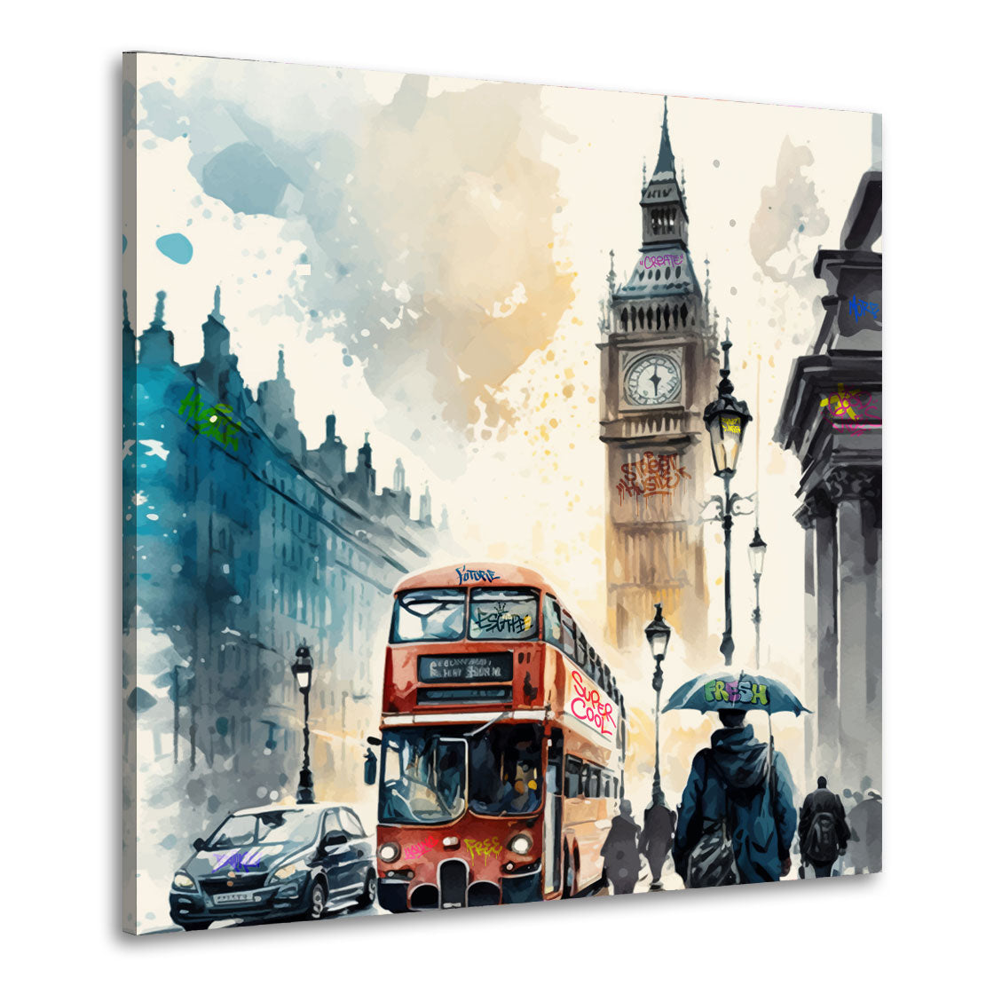 Quadro moderno London, Big Ben Autobus Watercolour