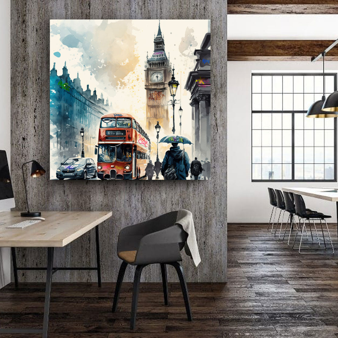 Quadro moderno London, Big Ben Autobus Watercolour