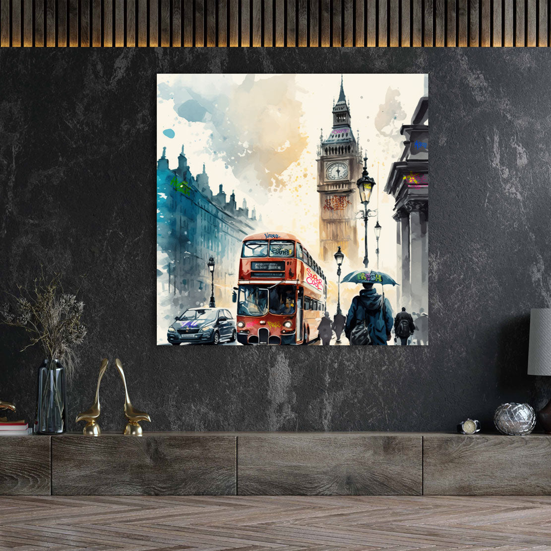 Quadro moderno London, Big Ben Autobus Watercolour