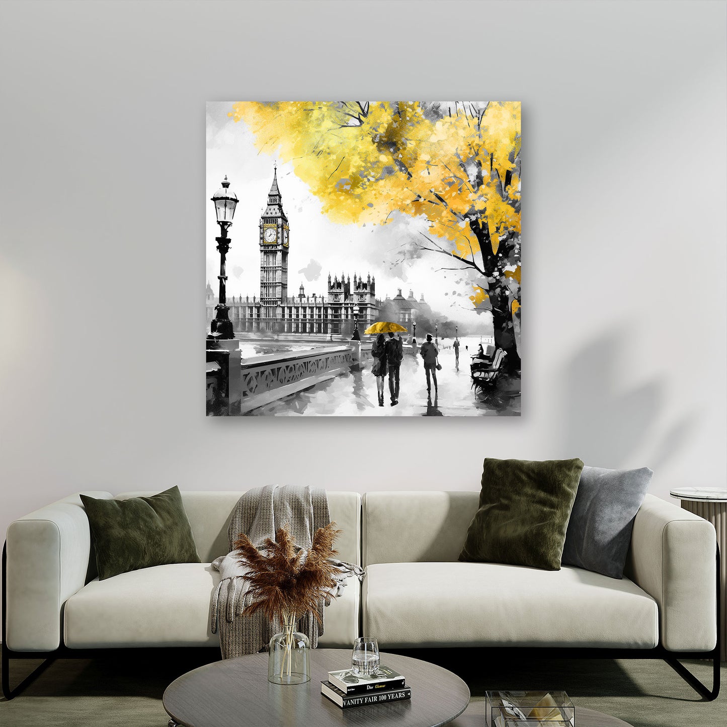 Quadro moderno Londta, Big Ben bianco nero, albero d'oro