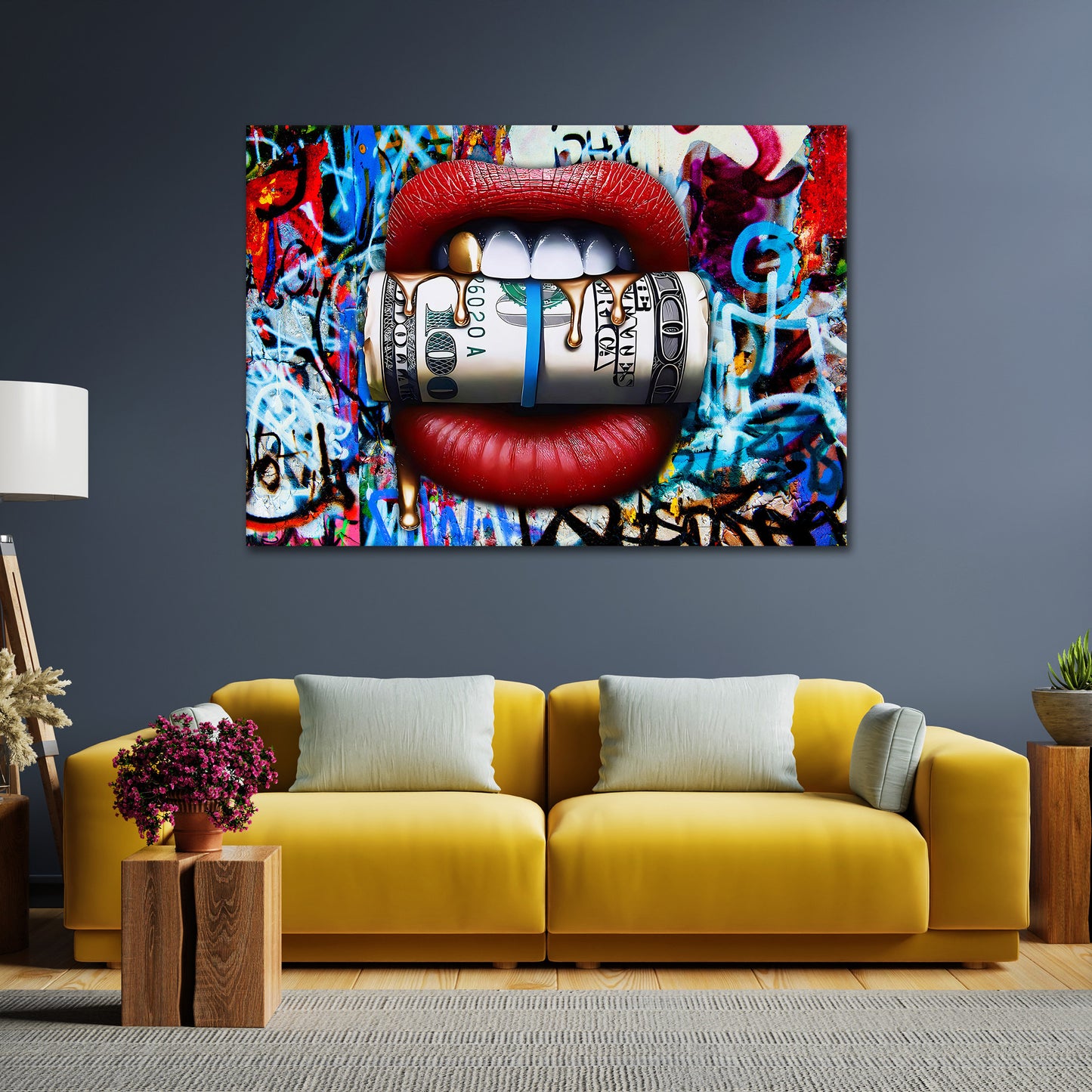 Quadro stampa su tela moderno Money Lips Graffiti Pop Art Style