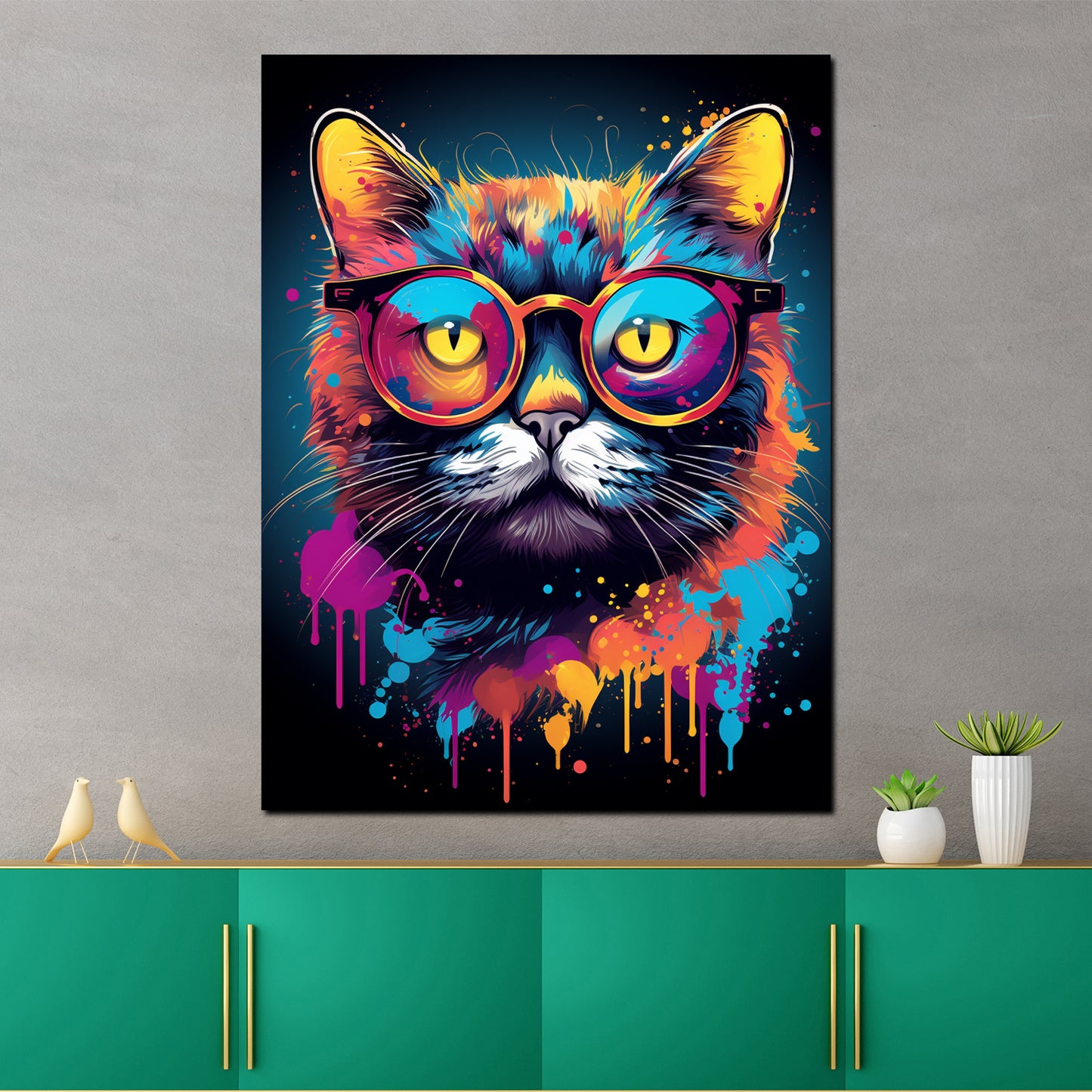 Quadro moderno Pop Art Gatto con occhiali Colour Splash
