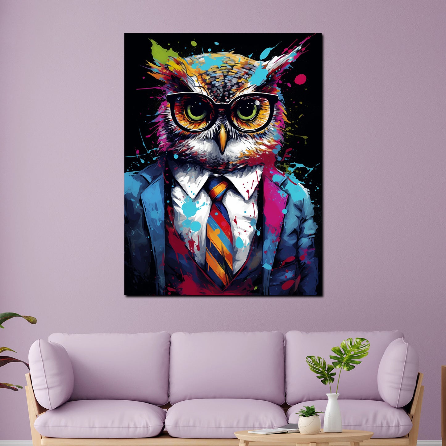 Quadro moderno Pop Art Gufo in giacca e cravatta Dark Mode