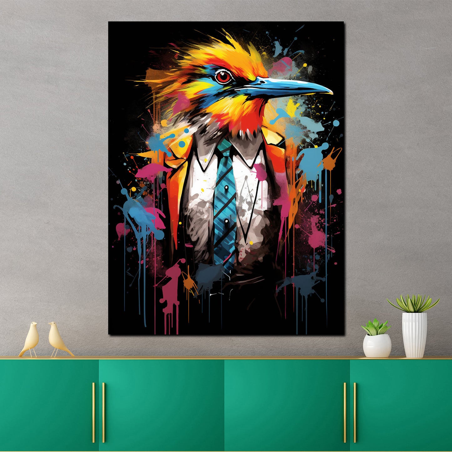 Quadro moderno Pop Art Uccello in giacca e cravatta Dark Mode