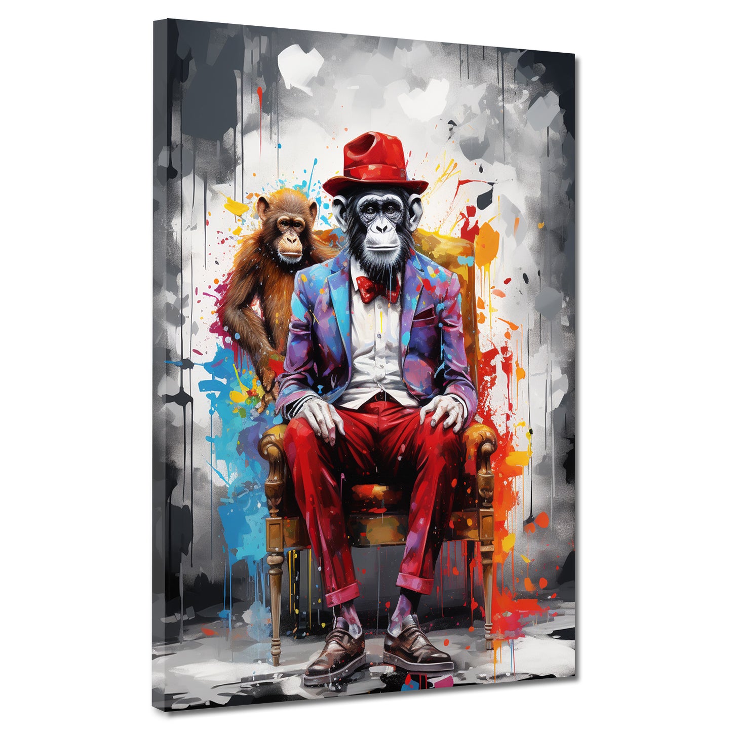 Quadro moderno Scimmia pop art con cappello e vestito seduta su una sedia