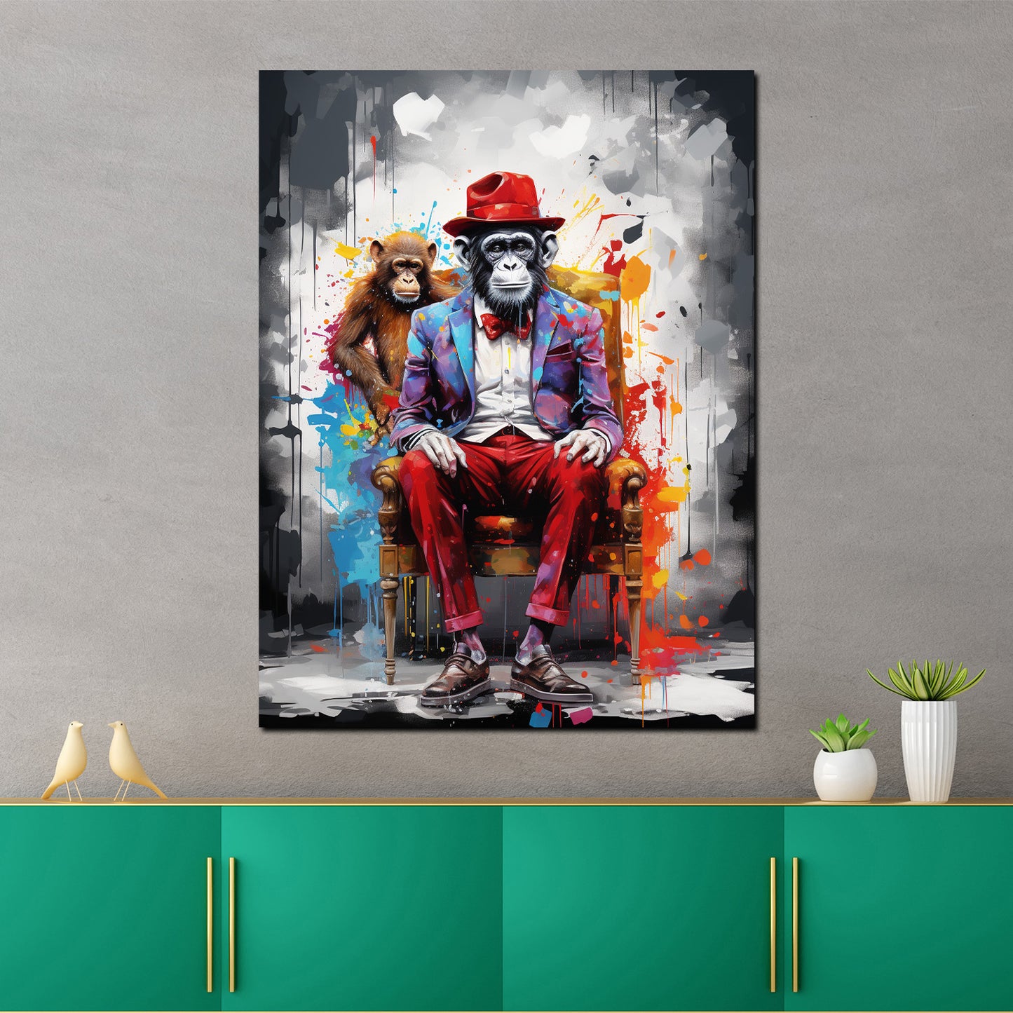Quadro moderno Scimmia pop art con cappello e vestito seduta su una sedia